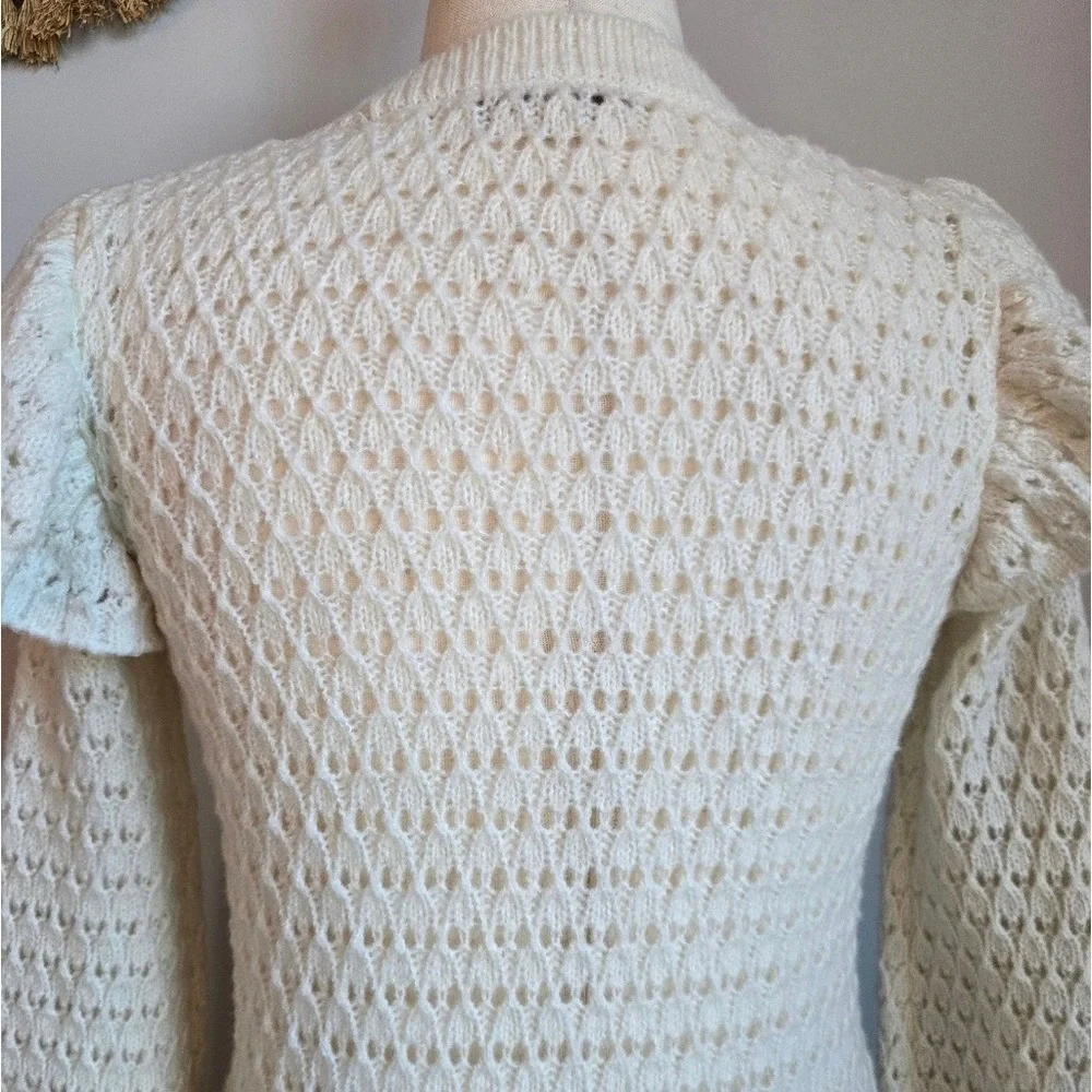 Ann Taylor LOFT Whisper White Shoulder Ruffle Open Knit Sweater SZ Small Preppy